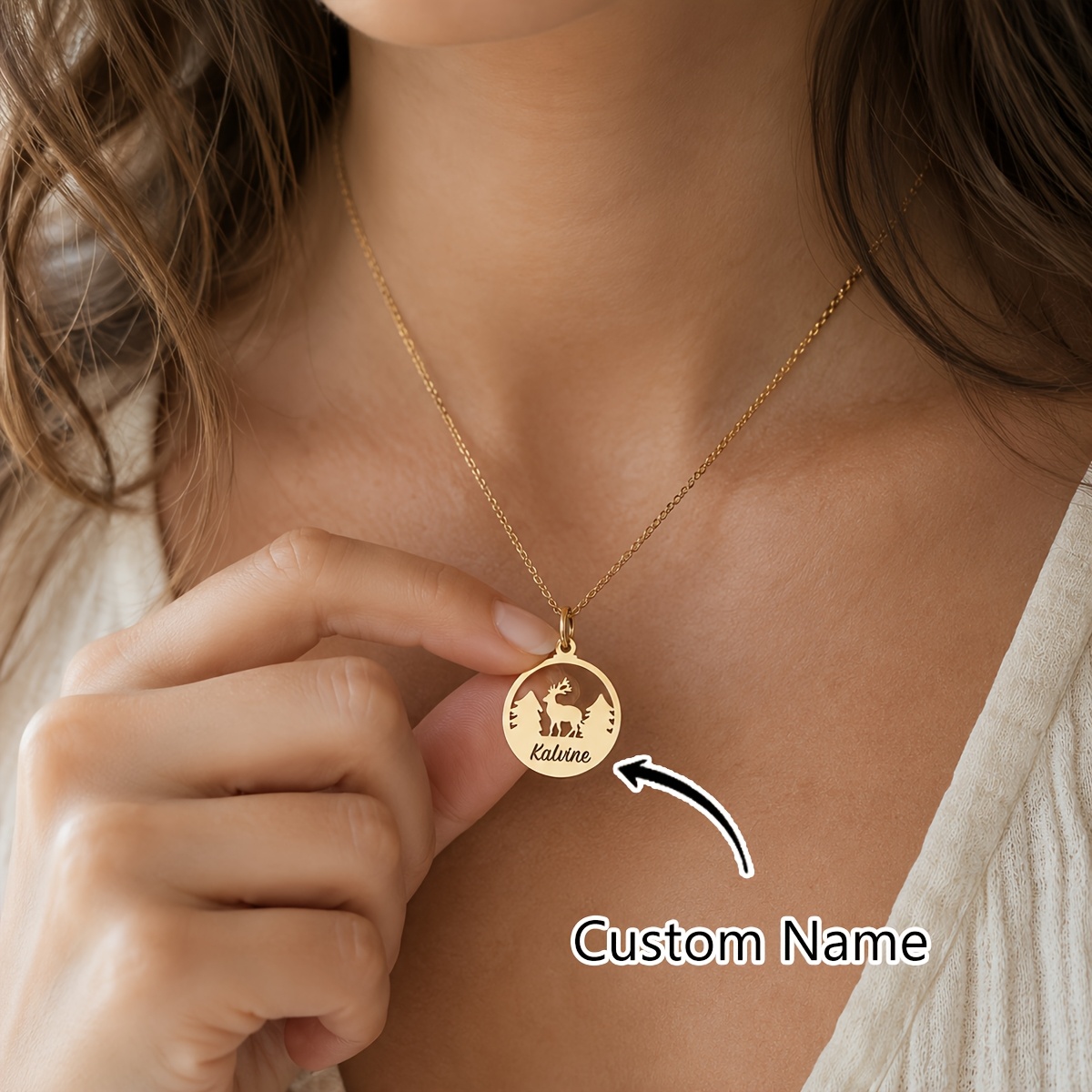 Personalized Engraved Name Necklace with Elk & Pine Tree Pendant